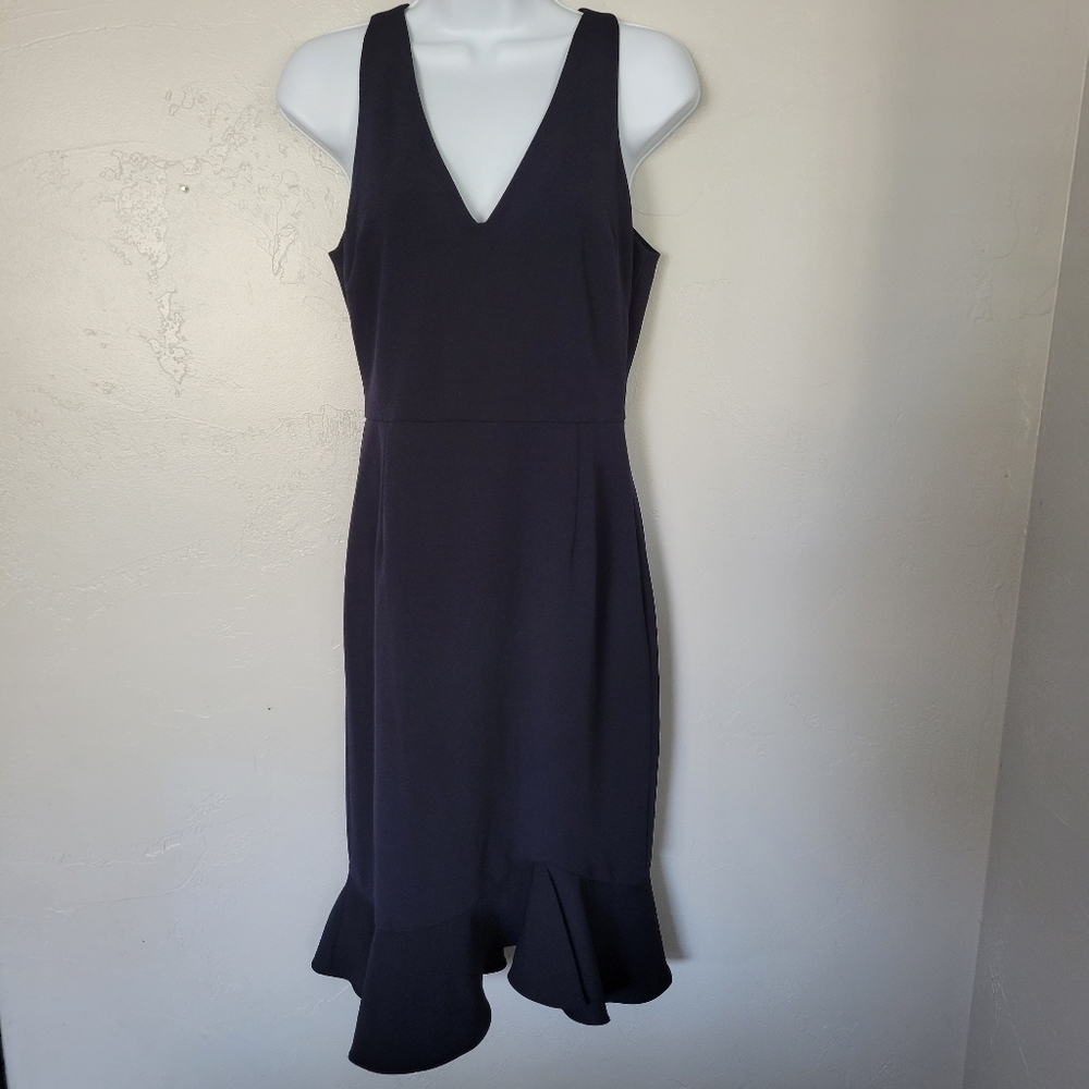 Betsey Johnson Navy Blue Black Dress Sleeveless V-neck Ruffle Hem Sz 2 Cocktail